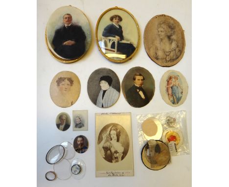 A 19th Naïve School portrait on ivory of a woman in a black bonnet, 7.3cms;  and a mixed quantity of items relating to portra