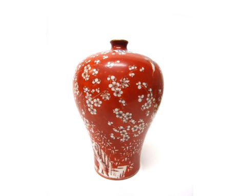 A Chinese porcelain baluster vase, iron-red Jiaqing seal mark but later, painted with birds in branches of flowering peony ag