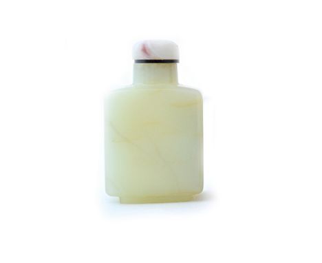 A Chinese white jade snuff bottle, 19th century, of rectangular form, 6cm. high. Illustrated. 