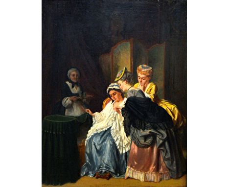 Petrus Theodorus van Wyngaert (1816-1893), A visit to the newborn, oil on panel, signed and dated 1870, 34.5cm x 26.5cm. Illu