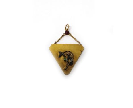 A Russian gold, demantoid garnet and diamond set pendant, in a triangular design applied with a gem set spray motif, the surm