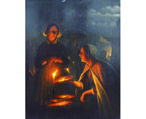 Follower of Petrus van Schendel, Maidservant and fish-seller by candlelight, oil on panel, 36cm x 28.5cm. Illustrated.