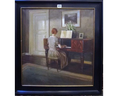 Soren Josva Christensen (1892-1948), Interior with a lady playing the piano, oil on canvas, signed, 59cm x 54cm.
