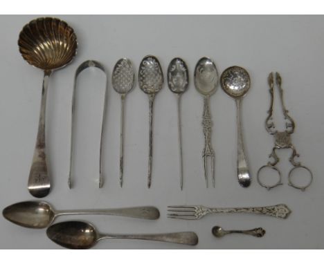 Three Mote spoons, with spike finials to the handles, probably 18th century, a silver Old English and shell pattern sauce lad