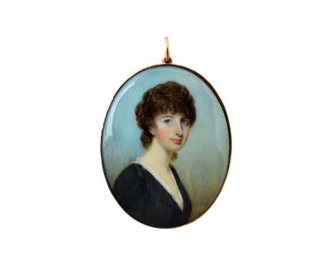 An early 19th century English school portrait miniature on ivory of a young woman in the manner of Andrew Plimmer, gold colou