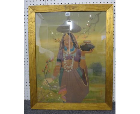 Indian school, early 20th century, portrait of a young woman, watercolour and gouache on paper, signed, 66m. by 50cm., framed
