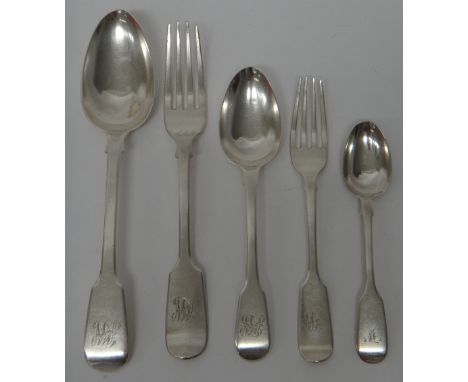 Silver fiddle pattern table flatware, comprising; twelve tablespoons, London 1829, twelve dessert spoons, London 1814, six te