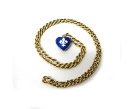A gold ropetwist link neckchain, on a boltring clasp, detailed 14 K 585, with a gilt blue and white enamelled heart shaped pe