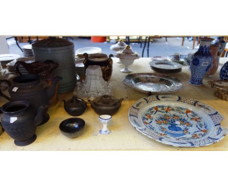 A quantity of ceramics, including; a 19th century Spode basalt part tea service, a stoneware cheese dish and circular domed c