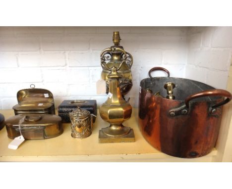 A quantity of brass and copper metalware collectables including an oval two handled pan (49cm wide), a brass embossed string 