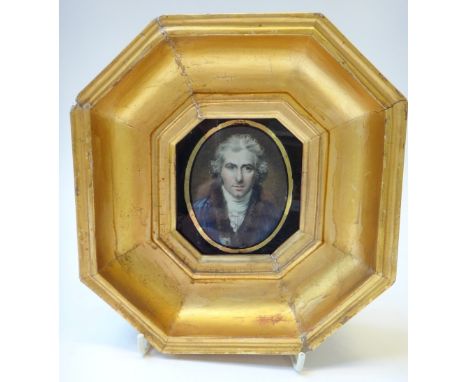 A Regency portrait miniature on ivory, dated 1809 depicting William Grant Liquor merchant housed in a canted giltwood frame. 