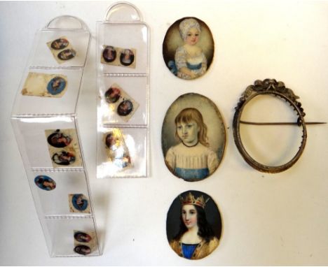 A mid-19th century portrait miniature of a young King, 4cm high; two portrait miniatures of children and fifteen late 19th ce