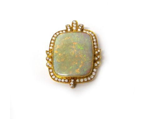 A gold, opal and diamond set pendant, in a shaped rectangular panel shaped design, the central opal mounted within a surround