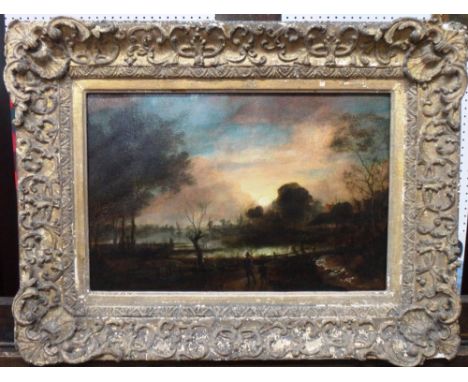 Follower of Aert van der Neer, Figures in a landscape at sunset, oil on panel, 21cm x 32cm.