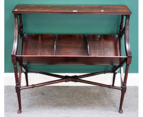 An 18th century style mahogany two tier book trough, on turned supports united by X frame stretcher, 93cm wide.