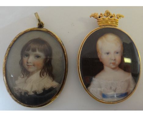 An early 19th century English school portrait miniature on ivory of a child with ornate white neck stock, 4.2cm; and a 19th c