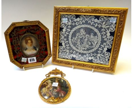 An oval portrait miniature depicting a young lady in 19th century dress, housed in a brass boulle work frame of canted square