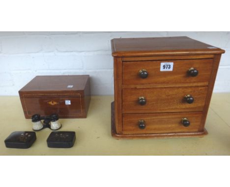 A mahogany three drawer table top chest, 27cm high, a Victorian mahogany and line inlaid sewing box, 23cm wide, two Japanese 