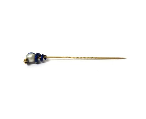 A gold, cultured pearl, diamond set and blue enamelled stick pin, designed as a snake enclosing a cultured pearl, apparently 