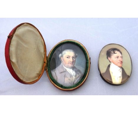 An early 19th century portrait miniature on ivory of a gentleman in a brown coat, 5cm, and another early 19th century portrai