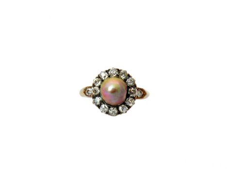 A gold, diamond and grey tinted cultured pearl cluster ring, mounted with the cultured pearl at the centre, within a surround