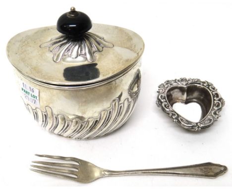 Silver, comprising; a Victorian oval tea caddy with partly spiral fluted decoration and with a black finial to the lid, Londo