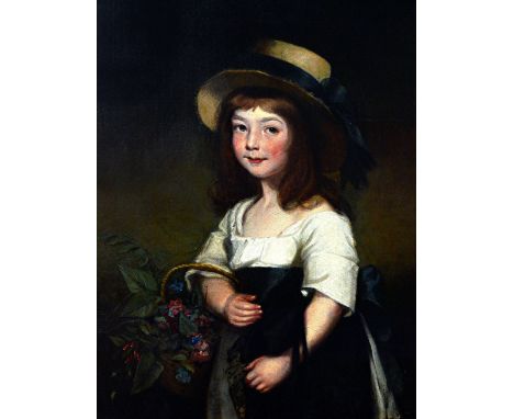 English School (c.1800), Portrait of a young girl holding a basket of flowers, oil on canvas, unframed, 76.5cm x 64cm. Illust