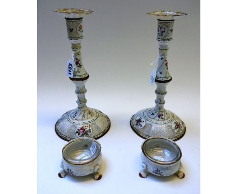 A pair of mid 18th century Bilston enamel type candlesticks, each gilt foliate decorated on a domed foot, 25cm high, and a pa