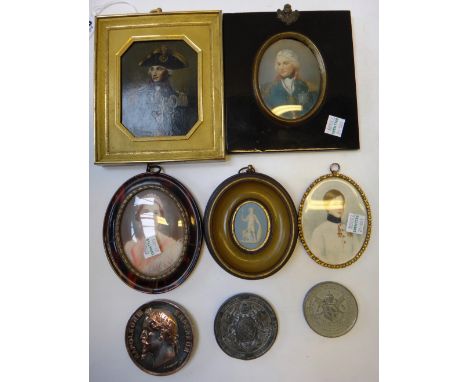 A miniature painting on tin depicting Lord Nelson, housed in an engine turned brass frame, 10cm x 9cm, together with three fu