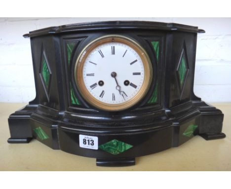 A Victorian black slate eight day cased mantel clock, with malachite inlay and white enamel dial, the two train French moveme