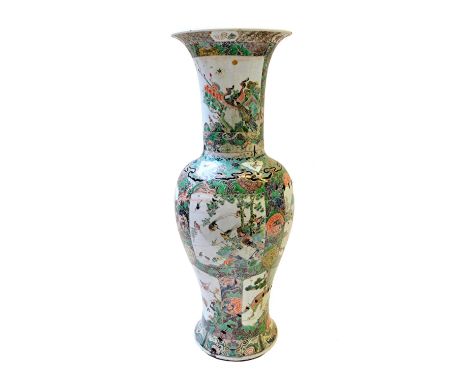 A large famille-verte yen-yen vase, Kangxi, painted with panels of birds, mythical beasts and landscapes, (a.f), 73cm high. I