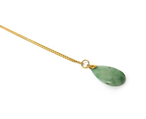 A gold mounted drop shaped jade single stone pendant, on an Oriental gold neckchain, with an 'S' shaped clasp, length of chai