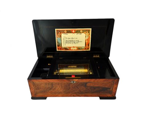 A Swiss music box, late 19th century, playing eight airs, with a six inch roller and applied ivory plaque detailed 'H D Scrin