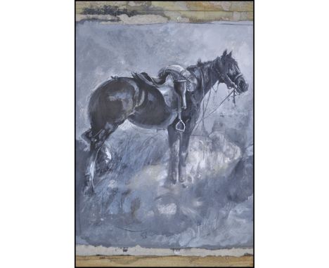Believed FW Burton ( 1855 - ) ? An oil on card painting of military horse being holstered. Painted in greyscale colours, the 