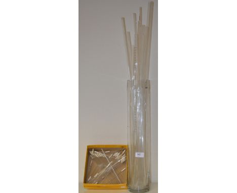 A vintage scientific chemical / lab large measuring cylinder along with a collection of thin measuring tubes and glass pippin