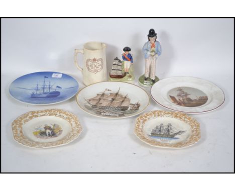 A collection of Nelson related ceramics to include a Lord Nelson Staffordshire flat back together with a believed 19th centur