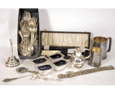 A collection of silver plate to include a set of four Georgian open salts with blue glass liners and engraved armorials, two 