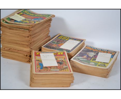 A large collection of assorted vintage Football comics / magazines. To include; 140 Scorcher & Tiger (1974-76), 45 Tiger (197