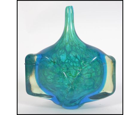 A Mdina ( M'dina ) Fish or Axe Head vase, dated 1979, signed to the base, internal blue green mottled decoration, molded to t