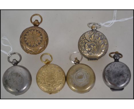 A interesting group of six sovereign cases to include brass embossed, heavily decorated, white metal and engine turned exampl