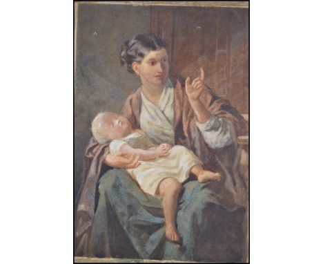 Believed FW Burton ( 1855 - ) A 19th century watercolour painting of a robed mother and child in a seated position within int