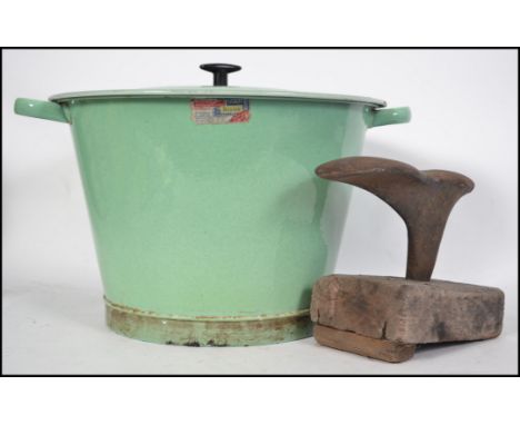A vintage 1950's enameled kitchenalia steamer / laundry pan with lid , labelled REGINA vitreous porcelain Holloware along wit