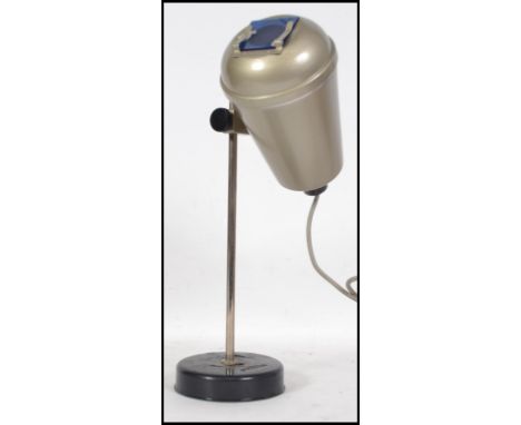 A vintage mid century Prior Laboratory lamp with conical shade and raised on metal plinth base with the original enamel paint