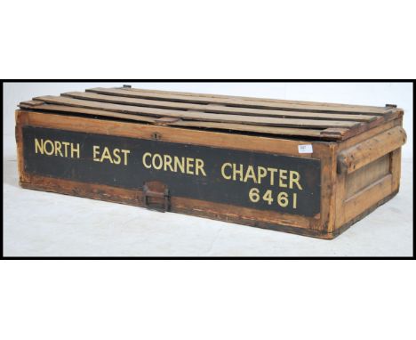 A stunning early 20th century wooden bound  steamer / travel trunk. With notation for North East corner Chapter 6461 in white