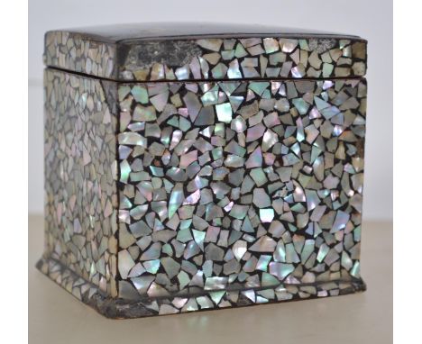 A Victoria papier mache lidded pedestal trinket pot having applied mother of pearl decoration. The lid being adorned with a g