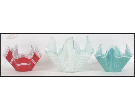 A collection of 3 vintage mid century glass handkerchief vases to include white banded edges, polka dot etc ( see illustratio