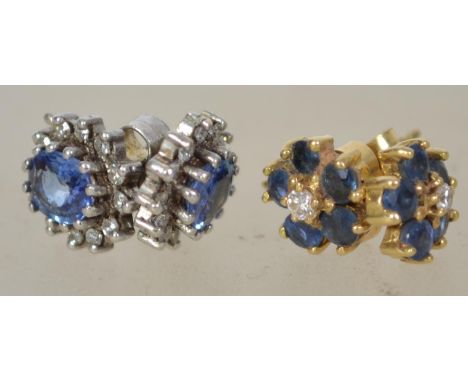 2 pairs of vintage 9ct gold sapphire and diamond earrings. To include white gold and yellow gold White gold with central sapp