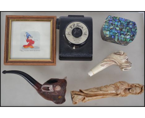 A dealers lot to include a Briar smoking pipe in the form of a Buffalo, an abalone shell adorned trinket pot, an unusual resi