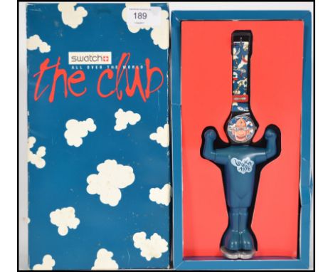 An Original Swatch ' The Club, Looka 1996 ' watch complete in the original packaging with the stand, paperwork and dealer sta