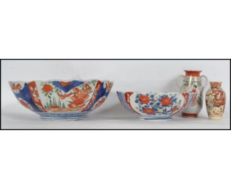 A pair of late 19th / early 20th century Chinese Imari pattern ceramic porcelain bowls. Together with Japanese Satsuma vase e